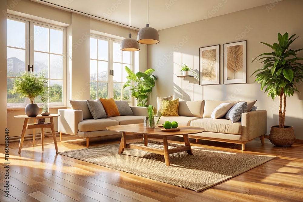 Fototapeta premium Serene Minimalist Living Room: Sunlight, Wood Accents, High Depth of Field