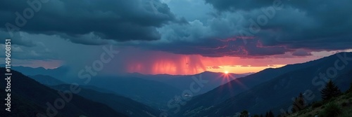 Dark grey storm clouds over mountains at dusk, rain, night sky, wind