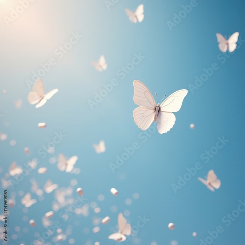 Small white pills flutter in the air like tiny butterflies amidst a blue backdrop, butterfly, calming photo