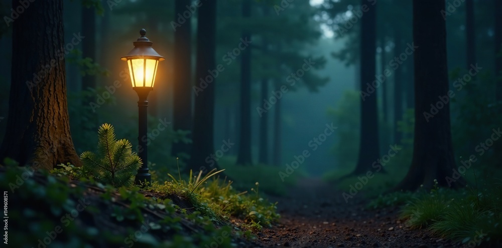 Obraz premium Softly glowing lamp post lights a dark forest floor with a lone fir branch and its delicate needles, natural, dark, woodsy