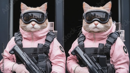 Cat in Tactical Gear with Goggles and Rifle, Serious Expression photo