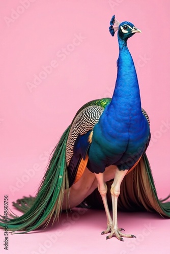 Strutting peacock with vibrant blue and multicolored feathers on a soft pink background, blue, peacock, wildlife photo