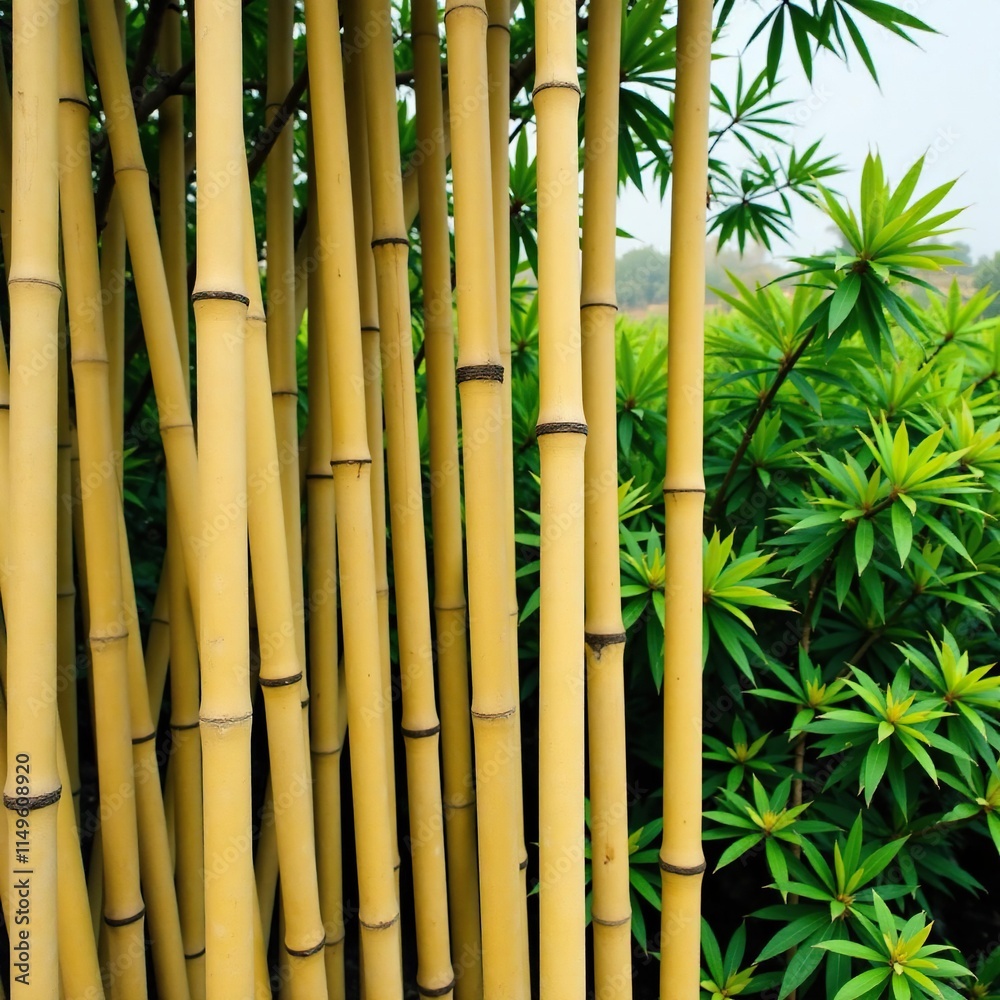 Obraz premium Tall, slender beige bamboo plants swaying gently in the breeze, slender, outdoor scene