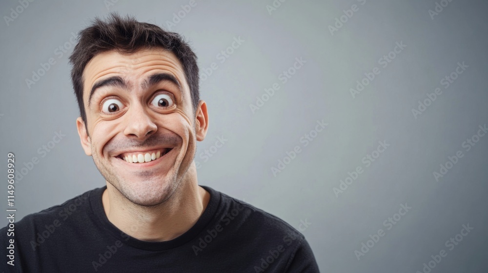 Obraz premium Engaging young man showing a big smile against a grey background while interacting with the camera