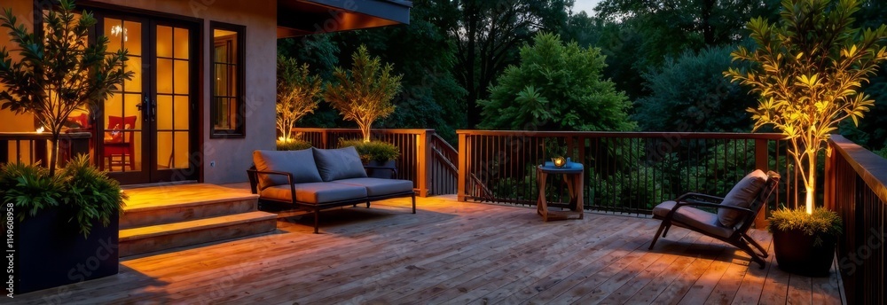 Obraz premium Interior of cottage veranda at dusk with lighting and lanterns.