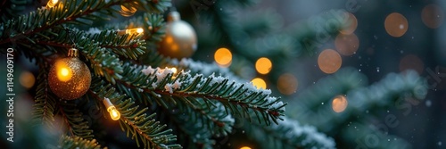 Twinkling fairy lights wrapped around a wintergreen branch, ornaments, icicle, sparkle