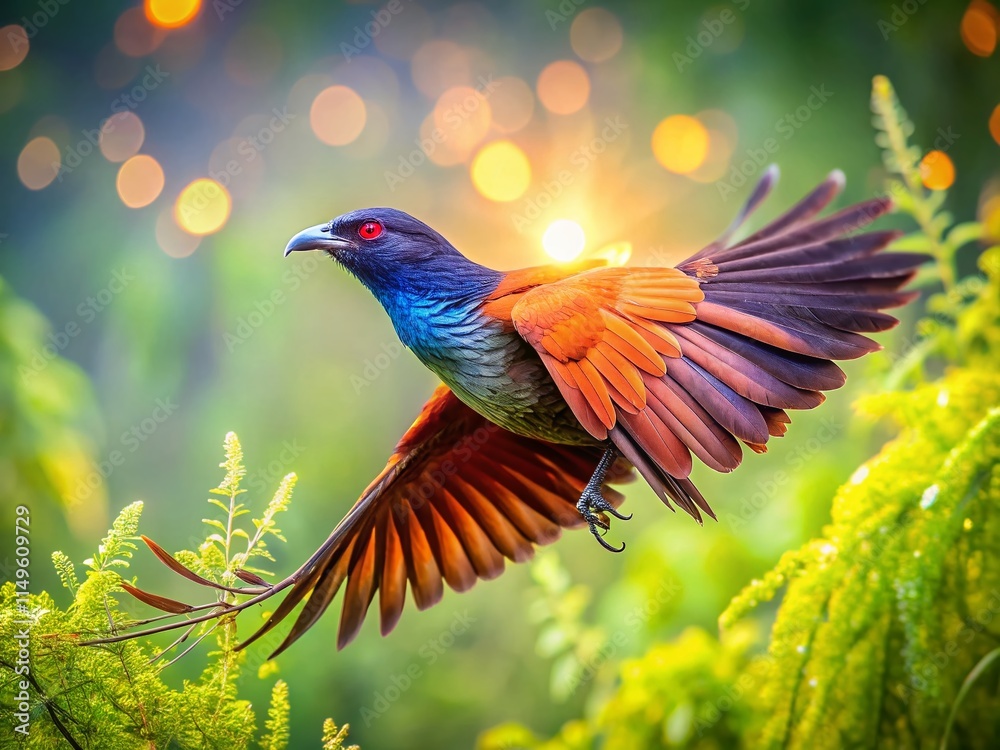 Fototapeta premium Serene Nature Wallpaper: Greater Coucal Bird in Flight