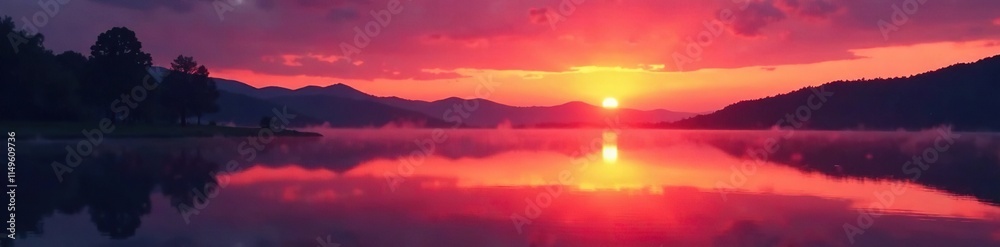 Fototapeta premium A serene lake at sunrise with a deep red sky and bokeh effect, peaceful, reflection