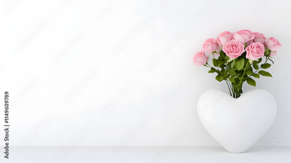 White heart-shaped vase with pink roses on the right side, placed on a clean white background, symbolizing love and elegance, ideal for romantic or floral-themed designs.
White heart-shaped vase with pink roses on the right side, placed on a clean white background, symbolizing love and elegance, ideal for romantic or floral-themed designs.
