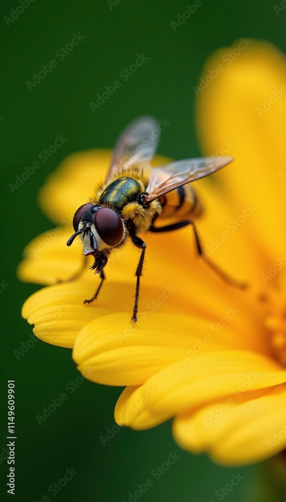 A small yellow and black flower fly on a petal of a flower, yellow, insect, botanical A small yellow and black flower fly on a petal of a flower, yellow, insect, botanical