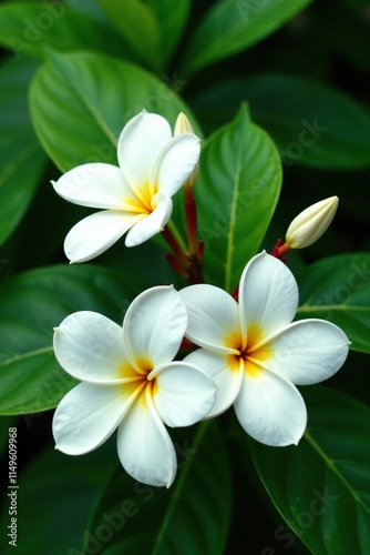 beautiful white plumeria flowers arranged in a loose bouquet on a lush green foliage background, floral bouquet, white plumeria flowers, botanical