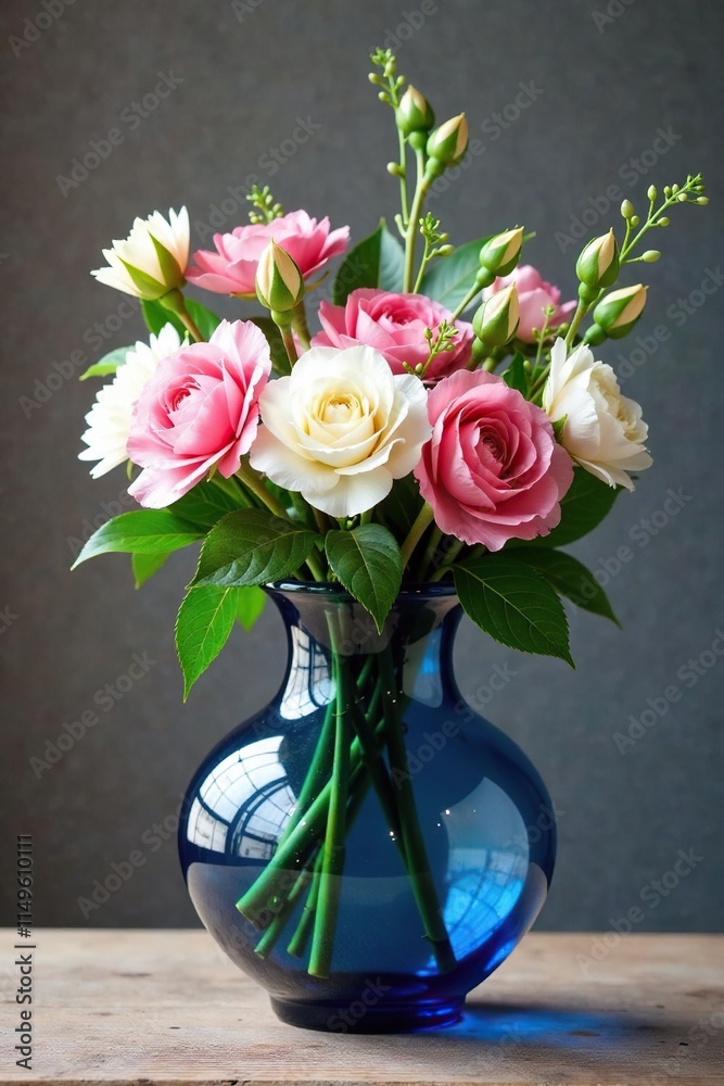 Blue Moroccan-inspired glass vase filled with an abundance of fresh white and pink flowers, glass, ornamental Blue Moroccan-inspired glass vase filled with an abundance of fresh white and pink flowers, glass, ornamental