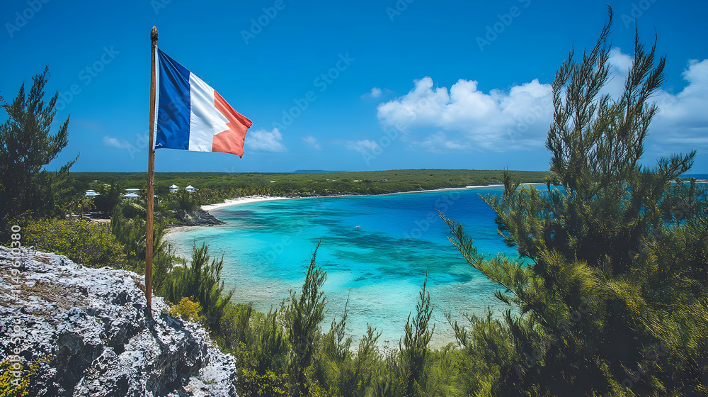 Fototapeta premium Island Paradise Photo: Turquoise Bay, Flag, Lush Greenery