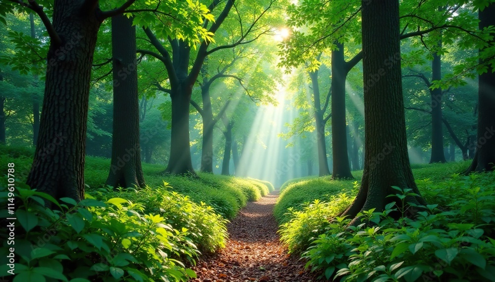 Obraz premium Dense foliage surrounds a tranquil forest glade, trees, calm environment, sunlight filtering