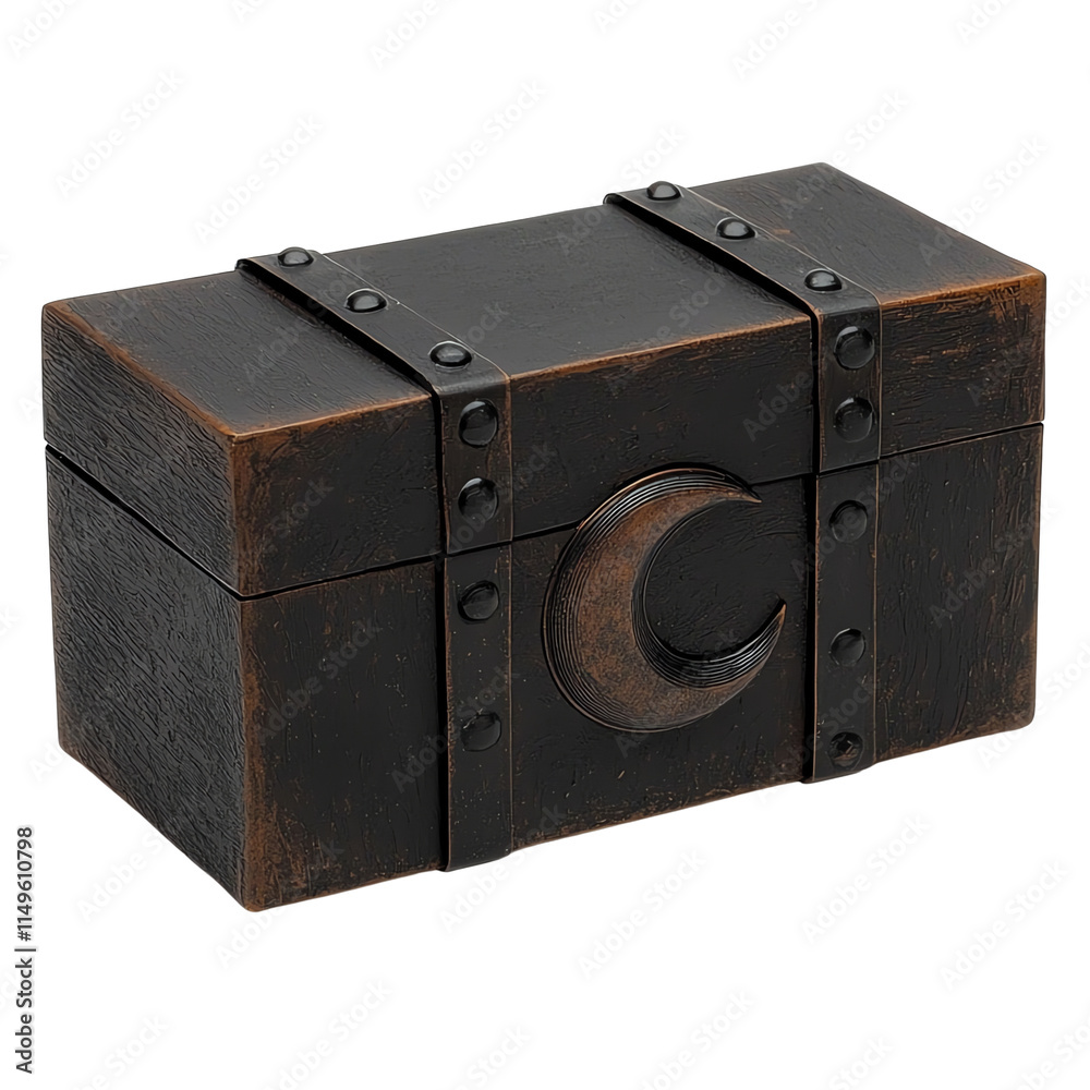 Obraz premium A rustic, rectangular box with metal accents and a crescent moon design, showcasing a blend of antique and fantasy elements.