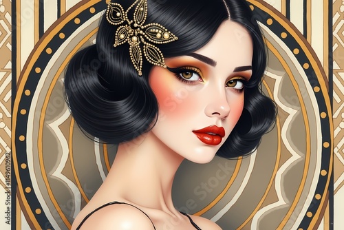 Elegant Portrait of a Woman: Coiffure and Make-up in Vintage Retro Glamour, Fashionable and Chic 1920s Style