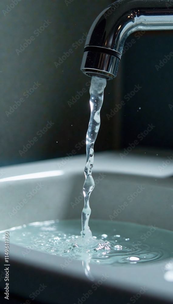 Water droplet falls from faucet spout into sink basin, fluid, splash, sink Water droplet falls from faucet spout into sink basin, fluid, splash, sink