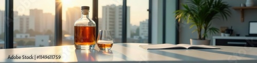 Whisky bottle and glass on a minimalist, modern desk in a contemporary office space with natural light, glass, sleek surface photo