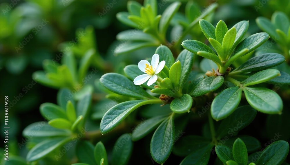 Low-growing mastic shrub with dark green needles and small white flowers, nature, flower, foliage Low-growing mastic shrub with dark green needles and small white flowers, nature, flower, foliage