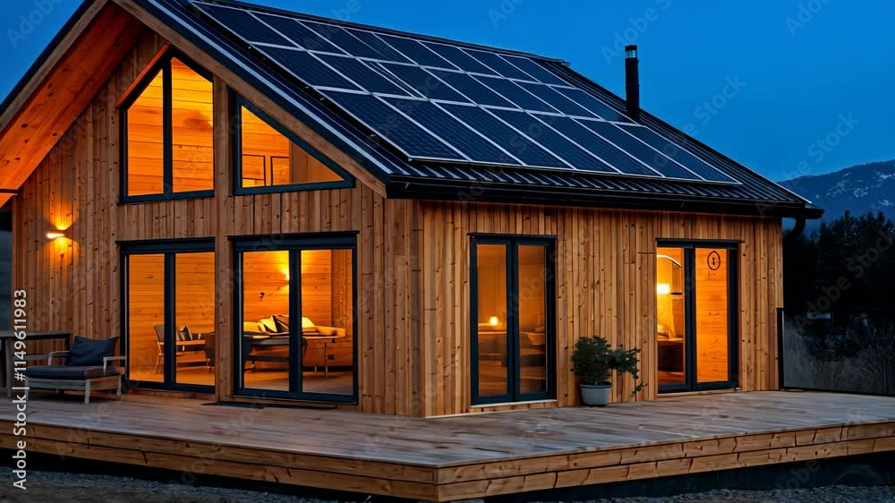 Modern Wooden House with Solar Panels in Scenic Mountain Landscape Modern Wooden House with Solar Panels in Scenic Mountain Landscape