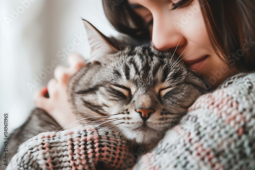 Woman hugging a cat american shorthair