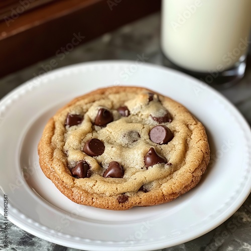 A classic and indulgent chocolate chip cookie with a soft, chewy center and a golden-brown edge, served on a white plate