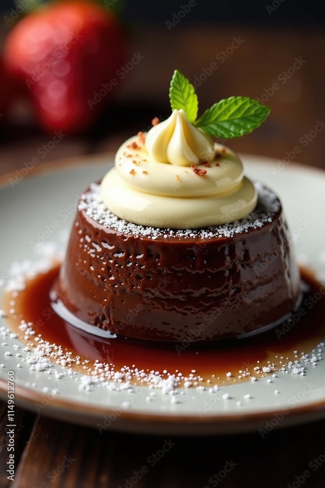Chocolate fondant with a dollop of whipped custard on top, whipped custard, fluffy topping, luxurious dessert Chocolate fondant with a dollop of whipped custard on top, whipped custard, fluffy topping, luxurious dessert