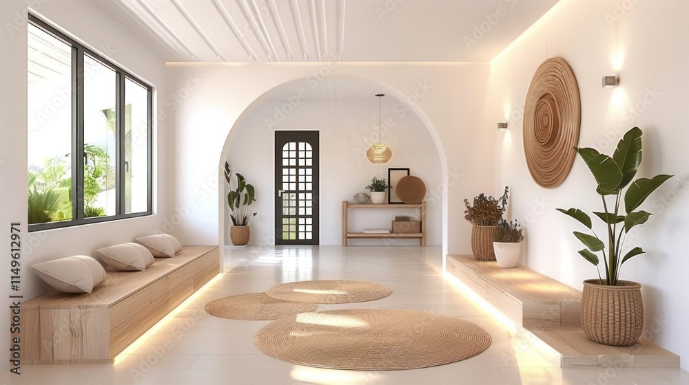 Fototapeta premium Modern Mediterranean Entrance Hall with Grid Door Design