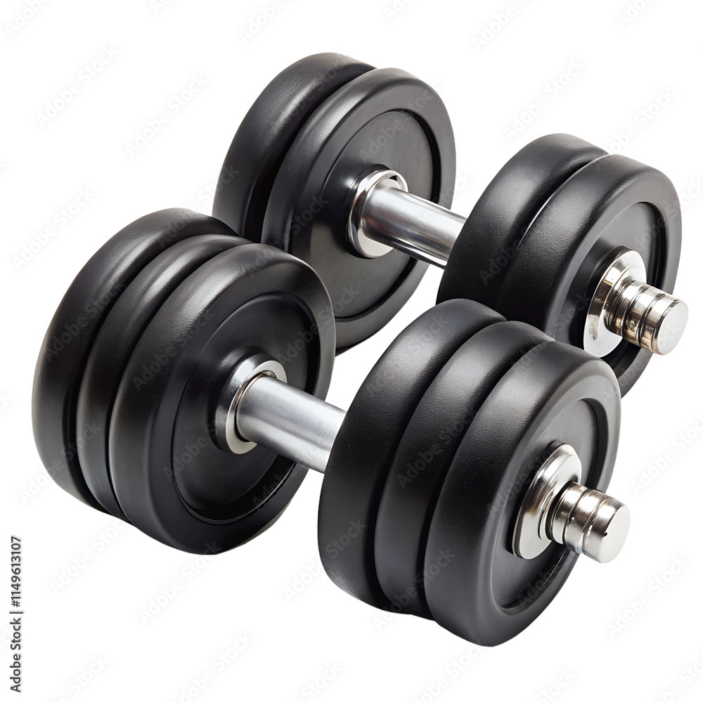 Fototapeta premium Pair of Black Rubber Encased Hand Gym Dumbbells isolated on transparent background.