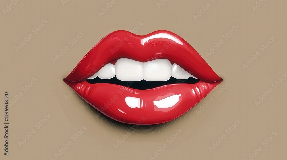 Obraz premium Glossy Red Lips with White Teeth on a Neutral Background