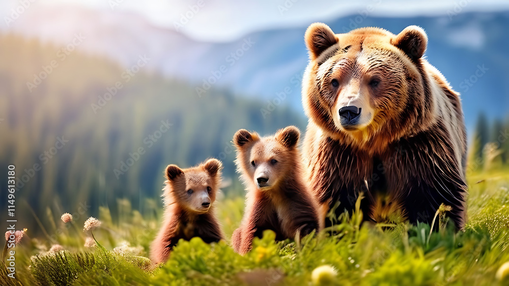 Obraz premium female brown bear and her cubs, Brown bear, mother and two cubs on green field Wild animals in summer nature