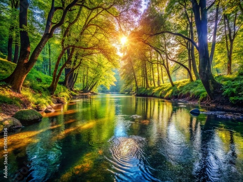 Serene River Flowing Through Lush Woodland - Nature Photography