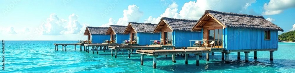 Stilted bungalows with blue walls and a dock in the water, blue, stilts Stilted bungalows with blue walls and a dock in the water, blue, stilts