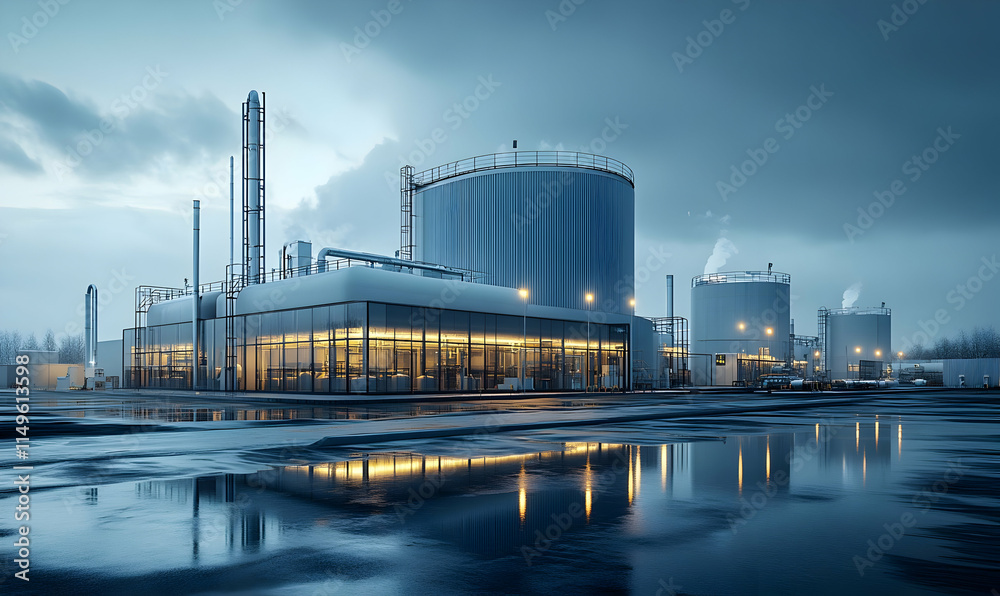 Industrial facility at dusk, featuring large storage tanks and reflective water. Industrial facility at dusk, featuring large storage tanks and reflective water.