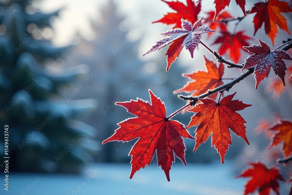 Frost-covered branches and leaves on a maple tree in a garden, frosty branches, winter woodlands Frost-covered branches and leaves on a maple tree in a garden, frosty branches, winter woodlands