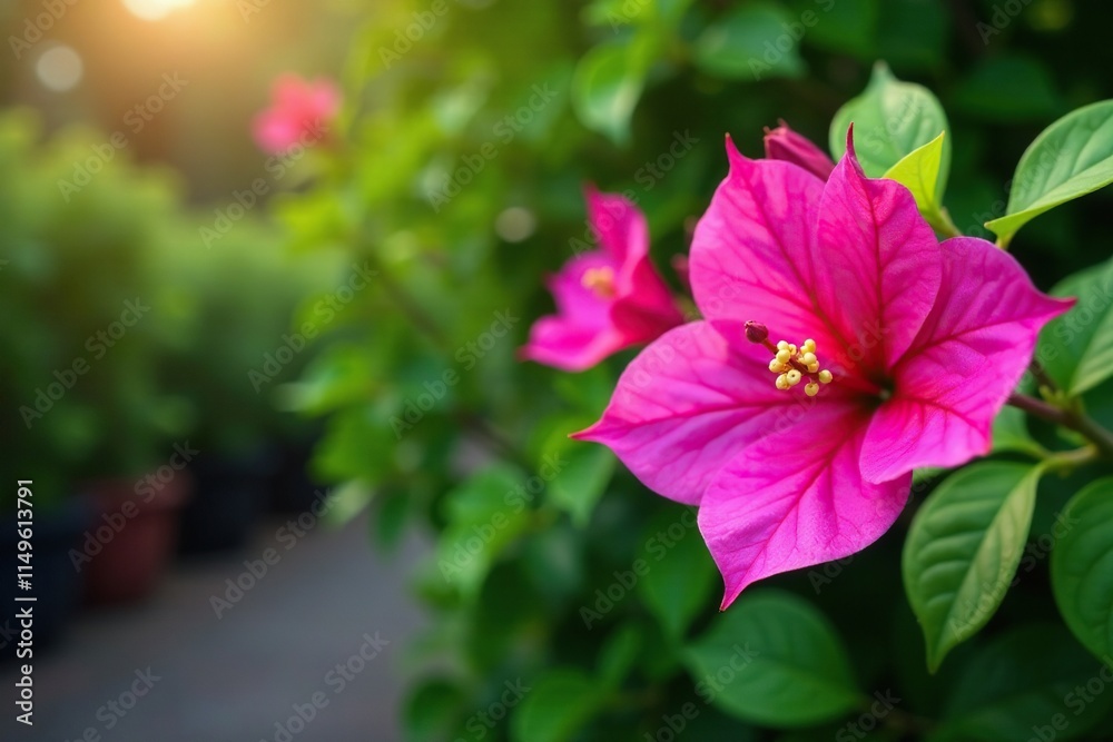 Obraz premium Vibrant pink bougainvillea flower in a lush green garden,, floral arrangement, bougainvillea flower