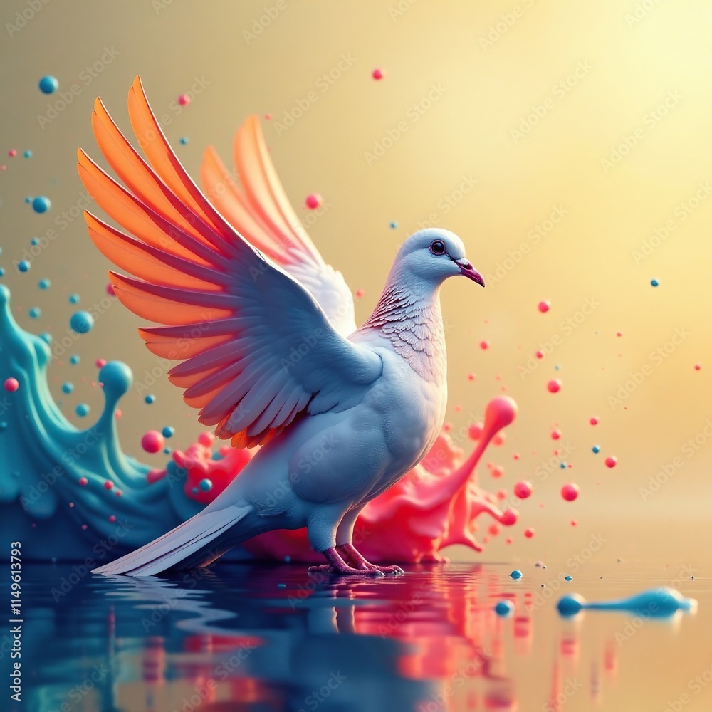 Fototapeta premium Vibrant abstract colorful paint splash background with a serene dove in soft focus, beautiful background, tranquil environment, peaceful atmosphere