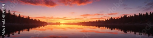 Vibrant reds and oranges burst into the sky at dawn over a serene lake, sky, calm