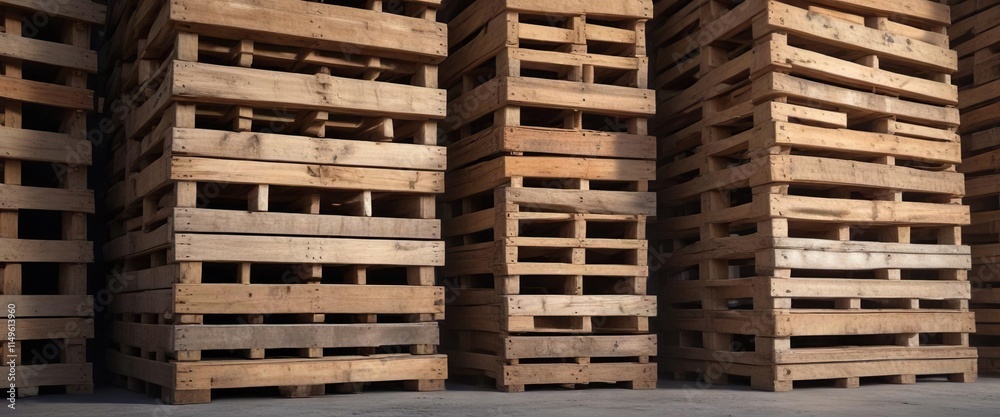 Weathered wooden pallets in a dusty storage area, wood, yellow, black Weathered wooden pallets in a dusty storage area, wood, yellow, black