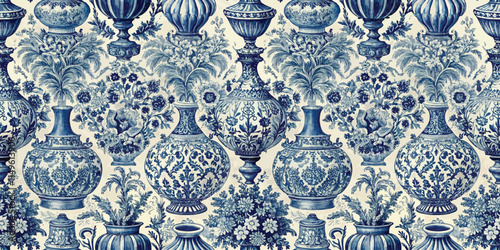 Intricate blue and white floral vase pattern on elegant fabric.