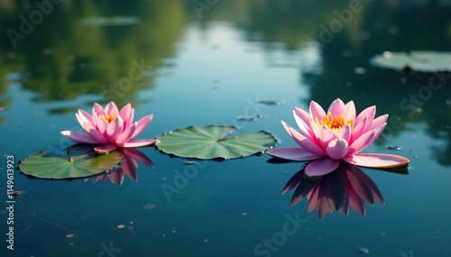 Water lilies floating on the surface of a serene lake, stillness, gentle ripples photo