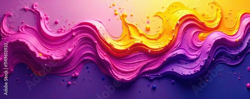 Wavy paint splatters on a purple and yellow background, texture, abstract art, swirly