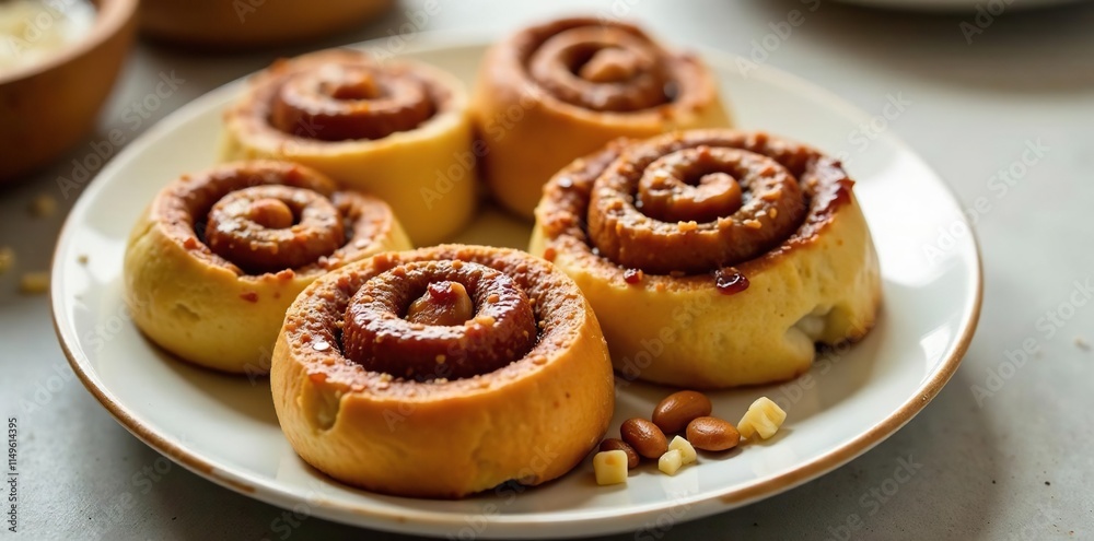 A plate of freshly baked cinnamon rolls with a side of sweet glaze and chopped nuts, glazed, fresh, nutty