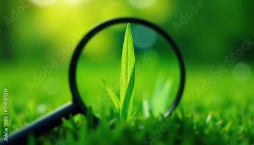 A magnifying glass focuses on a single blade of grass, highlighting its intricate details, focus, green photo