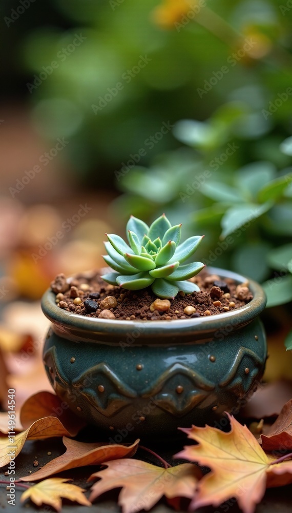 A small patch of succulents sits in a planter amidst a pile of fallen leaves, warm and inviting, outdoor decor, succulent plant