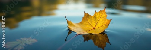 A single yellow leaf, withered and dry, floats on the surface of a serene lake, serene lake, yellow leaf