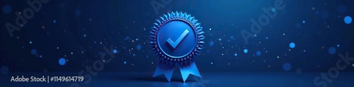 Blue award badge with checkmark and sparkles on a dark background, badge, checkmark, blue