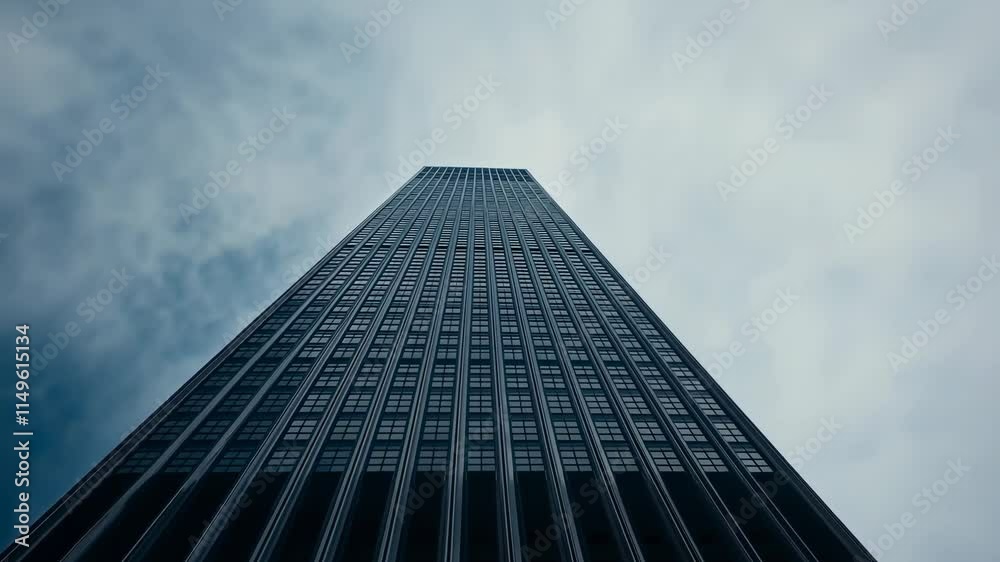 Modern Skyscraper Reaching Towards Cloudy Sky in Urban Landscape Modern Skyscraper Reaching Towards Cloudy Sky in Urban Landscape