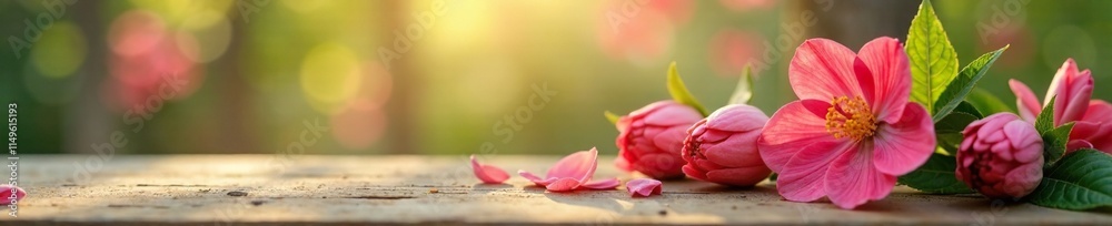 Fototapeta premium Cozy Wooden Table Scene with Abstract Spring Elements and Bokeh Background, cozy wooden table scene, soft focus, comforting atmosphere