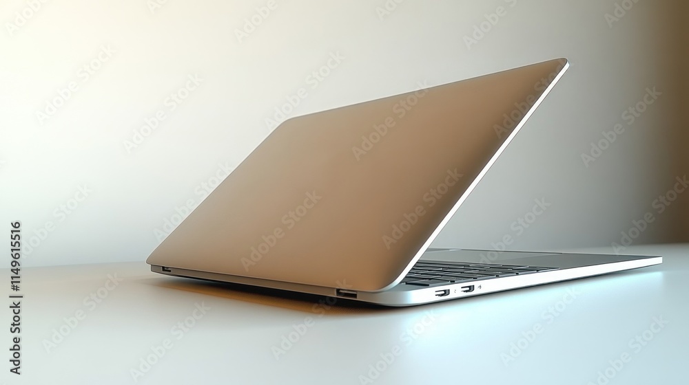 Sleek silver laptop slightly angled on white surface. Sleek silver laptop slightly angled on white surface.